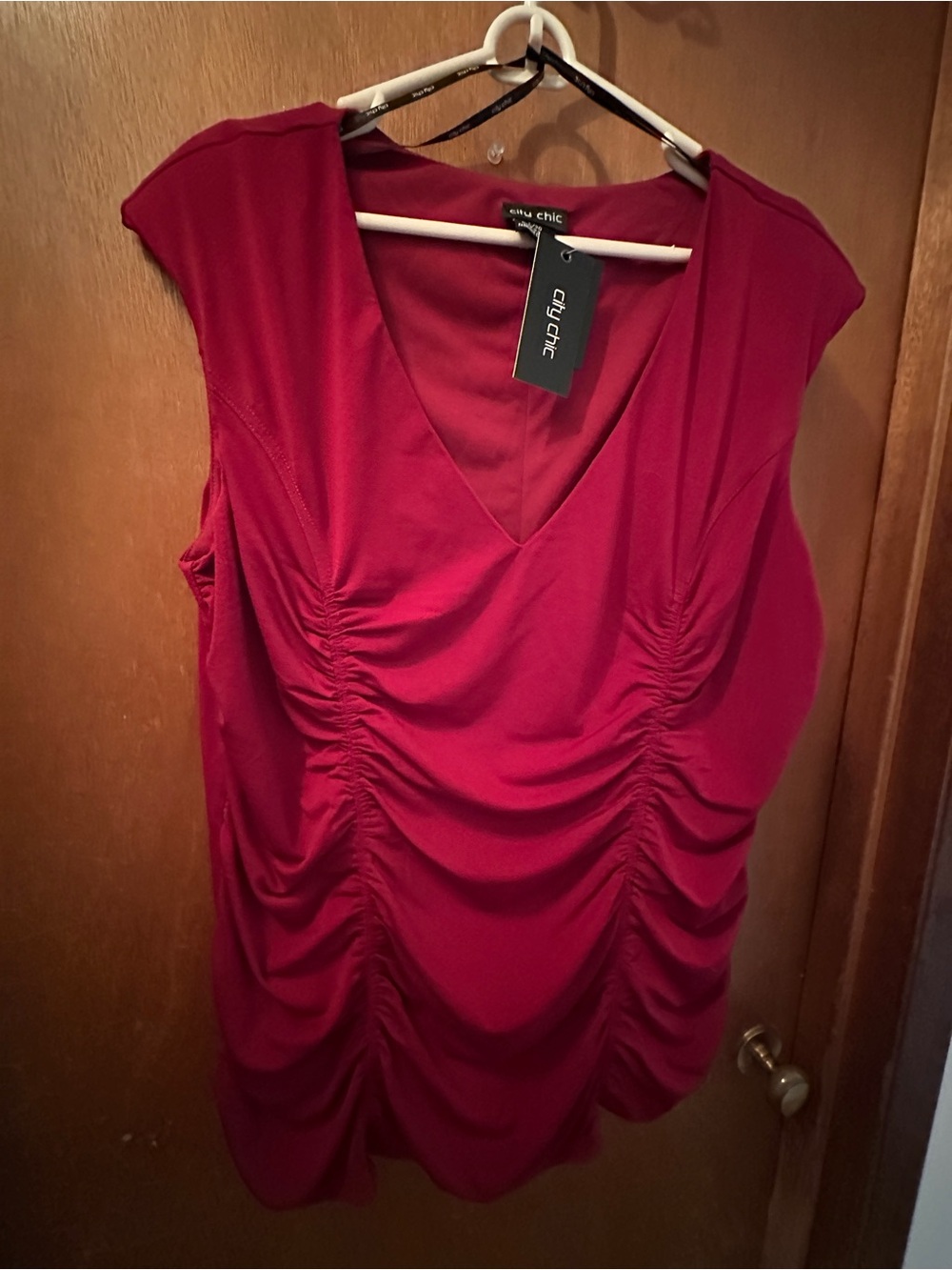 City Chic Sleeveless Ruched V-Neck Tank Top - Berry Red